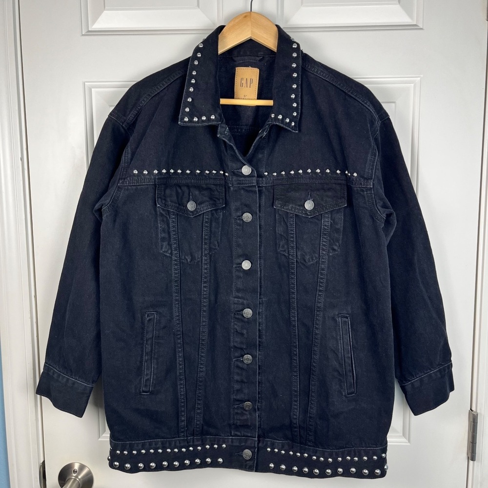 GAP Oversized Black Denim Icon Jacket Studded Women's Small Petite SP Urban